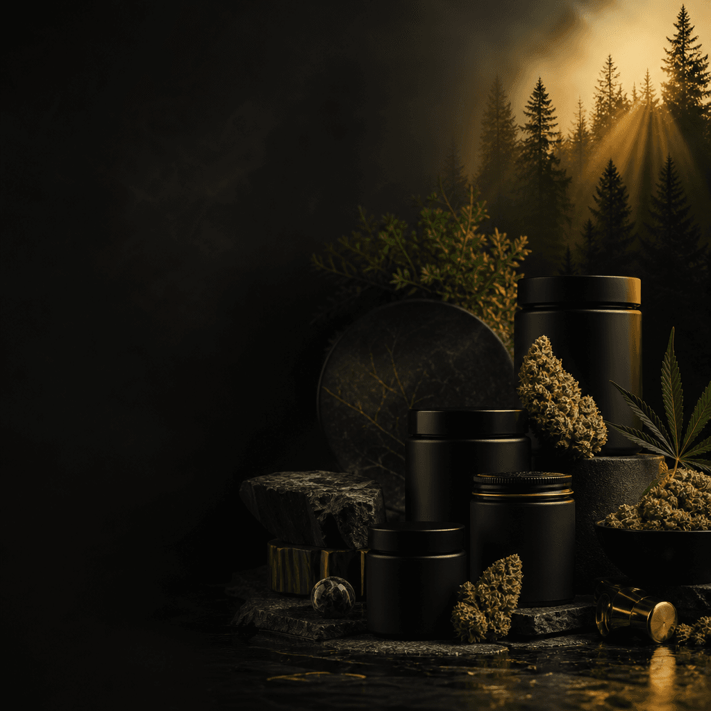 Premium cannabis products against a Pacific Northwest forest backdrop